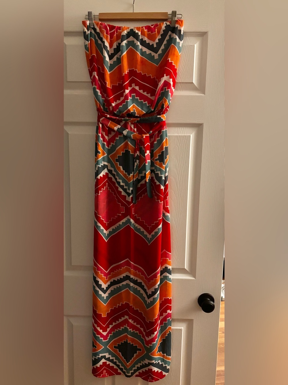 Strapless Red Geometric Maxi Dress